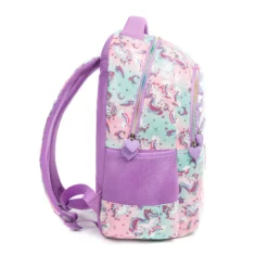 Side view of a unicorn backpack showing the zipper, a purple mesh pocket, and heart-shaped zipper pulls. Functional school bag by a Custom Backpack Manufacturer.