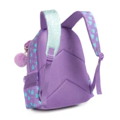 Back view of a cute 3D plush-eared kids' backpack with a purple and silver abstract pattern. Custom trendy school bag by a professional Backpack Manufacturer.