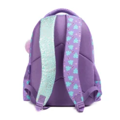 Full back view of a purple and silver abstract kids' backpack showing the padded straps and breathable back panel. Cute school bag by a Backpack Supplier.