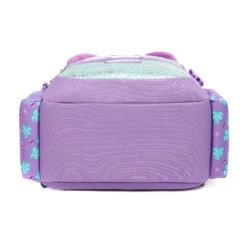 Bottom view of a purple and silver abstract kids' backpack showing a reinforced sturdy base. Durable school bag by a leading Backpack Supplier.