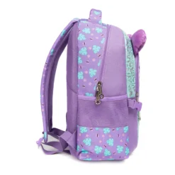 Side view of a cute animal-themed kids' backpack showing a vertical zipper pocket, side mesh pocket, and purple buckles. Practical school bag by a Custom Backpack Manufacturer.