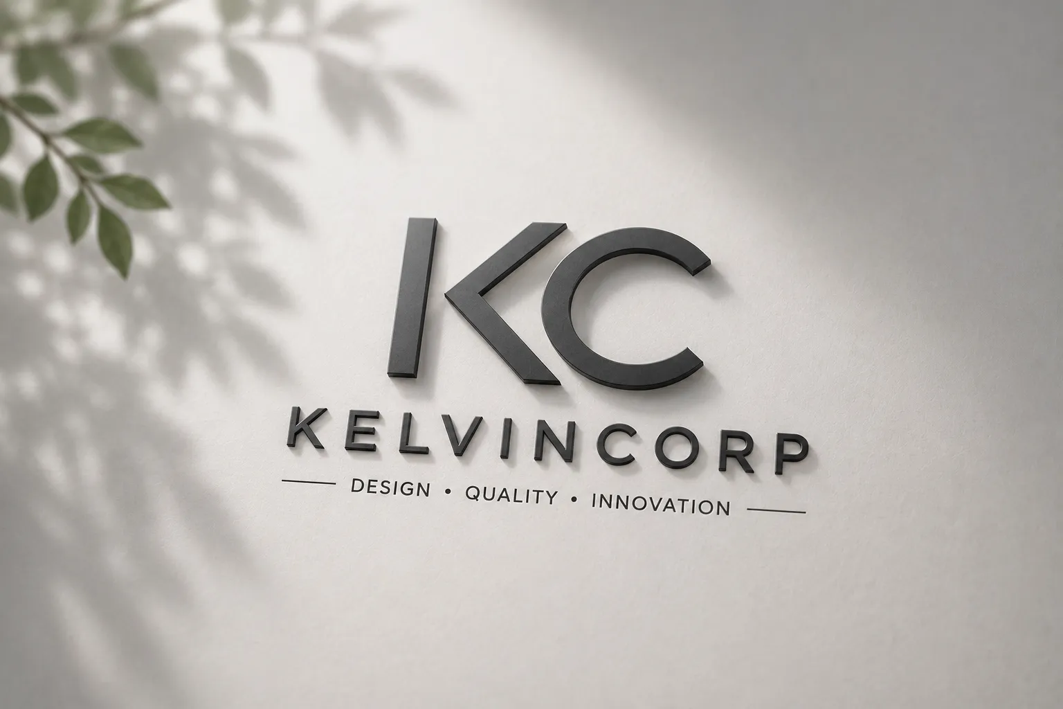 A minimalist wall display of the KELVINCORP logo with the tagline "Design, Quality, Innovation". Brand identity of a professional Backpack Manufacturer.
