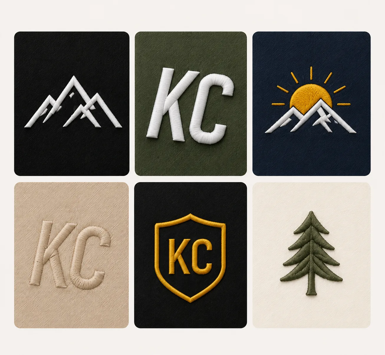 A collage of six different fabric items showcasing custom logos and prints, including a mountain icon, a leaf, monogram, and a globe. Custom printing services for Private Label backpacks by a Backpack Manufacturer.