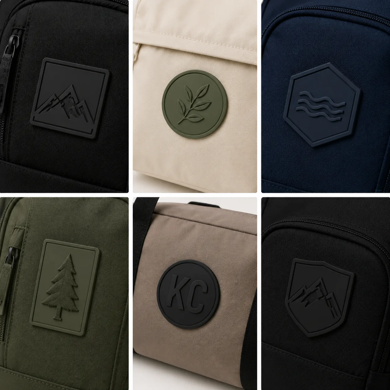 A collage of six fabric samples displaying high-quality 3D embroidery logos, including mountain icons, monograms, and nature motifs. Custom embroidery services by a Backpack Manufacturer.