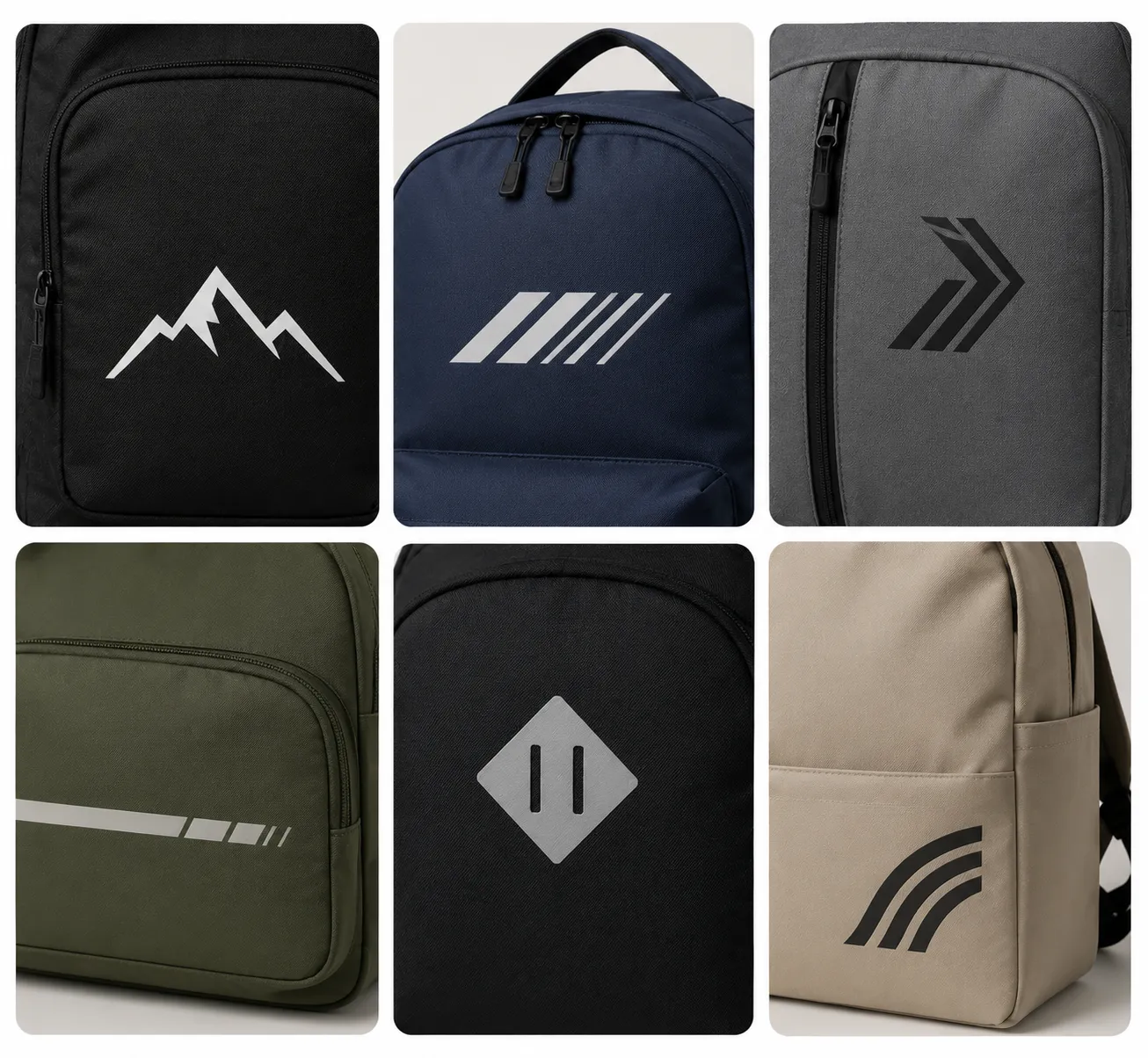 A collage of six different backpack styles in varied colors showing minimalist logo placement on the front pockets. Custom branding placement options by a Backpack Manufacturer.
