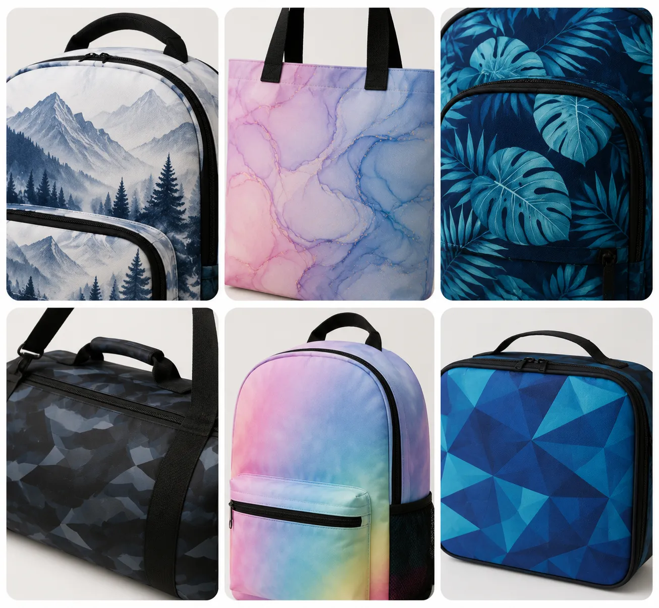 A collage of six different bag styles including a backpack, tote bag, duffel, and lunch bag, each showcasing unique all-over fabric prints like nature landscapes, marble, and geometric patterns. OEM Manufacturer custom pattern design services.