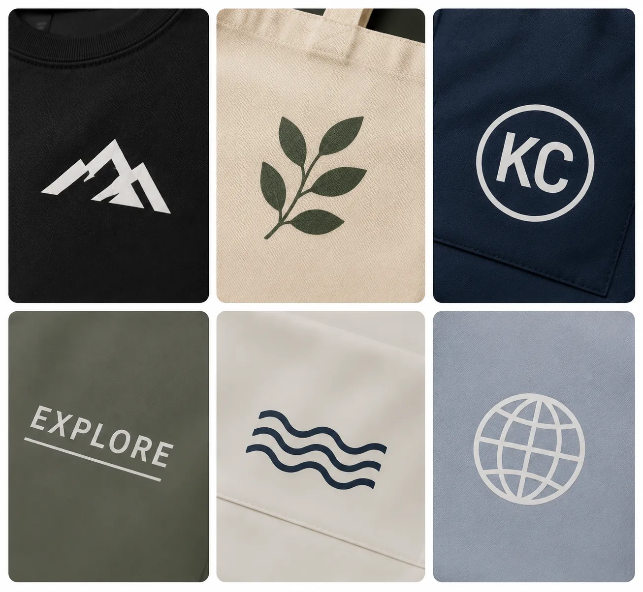 A collage of six fabric panels showcasing different styles of 3D molded rubber patches and silicone logos, including mountains, leaves, and monograms. Custom rubber patch branding by a Backpack Manufacturer Supplier.