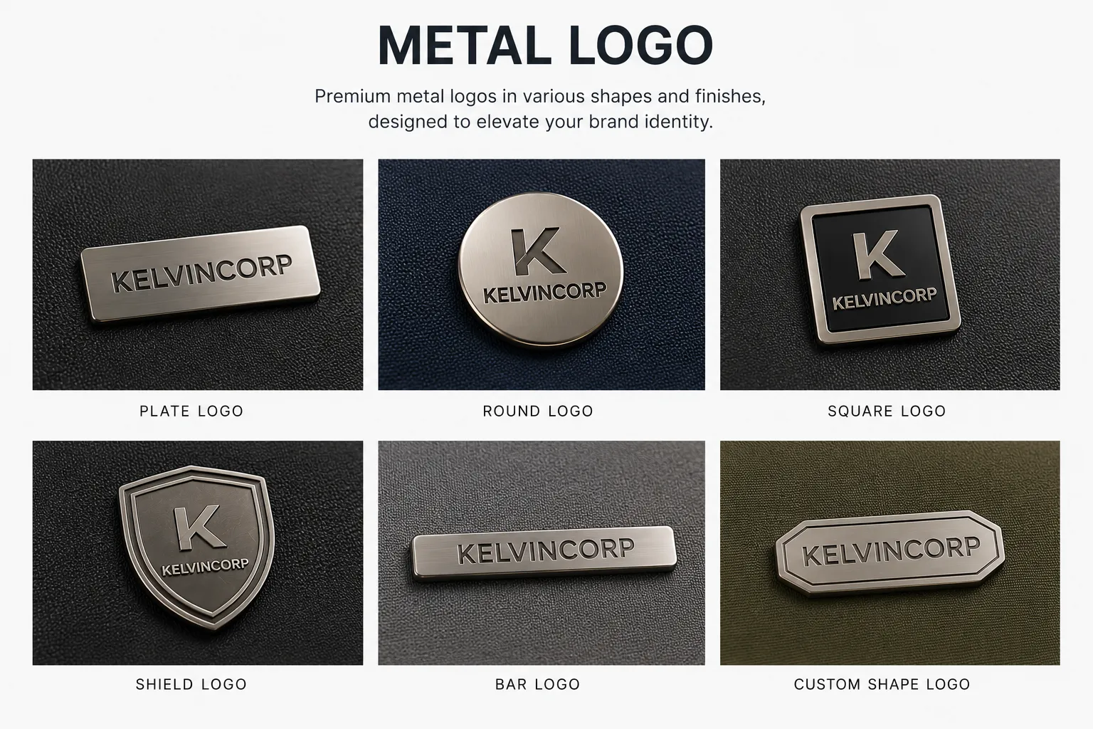 KELVINCORP metal logo display with six premium designs: plate, round, square, shield, bar, and custom shape on leather backgrounds.