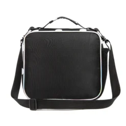 Back view of a black and white polka dot lunch bag with a black adjustable shoulder strap and iridescent piping. Custom insulated lunch bag by a professional Backpack Manufacturer.