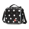 Slanted view of a black and white polka dot lunch bag with a front zipper pocket, a red logo patch, and reflective trim. Functional trendy cooler by a Backpack Supplier.