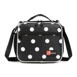 Front view of a black and white polka dot lunch bag with a large front pocket, dual zipper pulls, and iridescent piping. Versatile insulated lunch box by a Custom Backpack Manufacture