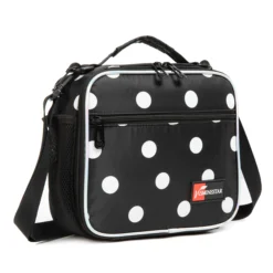 3D angled view of a black and white polka dot lunch bag showing the iridescent piping, black structural trim, and side mesh pocket. Versatile daily cooler by a leading Backpack Supplier.