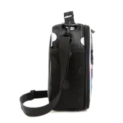 Side view of a black and white polka dot lunch bag showing a large black mesh water bottle pocket, a sturdy strap swivel clip, and iridescent piping. Functional daily cooler by a Backpack Manufacturer.