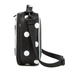 Side profile of a black and white polka dot lunch bag showing its depth, adjustable black shoulder strap, and iridescent border. High-density fabric bag by a Backpack OEM Supplier.