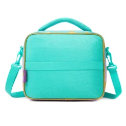 Back view of a mint green and pastel gradient lunch bag with gold glitter hearts and a horizontal strap detail. Custom luxury insulated lunch bag by a professional Backpack Manufacturer.