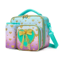 Slanted view of a pastel gradient lunch bag with a matching mint green detachable bottle holder, heart-shaped zipper pulls, and a 3D bow patch. Functional luxury cooler by a Backpack Supplier.