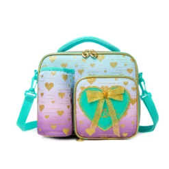 Front view of a pastel gradient lunch bag with gold glitter hearts, a 3D mint green bow patch, and an attached bottle holder. Versatile insulated lunch box by a Custom Backpack Manufacturer.