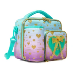 3D angled view of a pastel gradient lunch bag highlighting the attached mint green sleeve, gold zippers, and the side strap attachment. Versatile daily cooler by a leading Backpack Supplier.