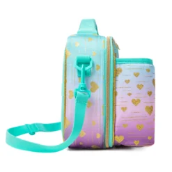 Side view of a pastel gradient lunch bag showing the depth of the attached bottle holder and adjustable strap attachment. Functional luxury cooler by a Backpack Manufacturer.
