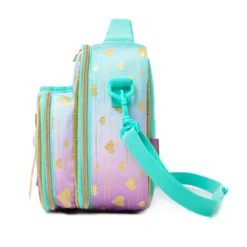 Side profile of a pastel gradient lunch bag showing its depth, adjustable mint green shoulder strap, and continuous glitter print. High-density fabric bag by a Backpack OEM Supplier.