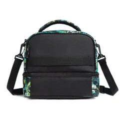 Back view of a black soccer-themed double-decker lunch bag with a solid black back, a webbing strap, and an adjustable black shoulder strap. Custom insulated lunch bag by a professional Backpack Manufacturer.