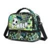 Slanted view of a black soccer lunch bag featuring a front panel with soccer ball and cleat graphics, and star-shaped zipper pulls. Cool luxury cooler by a Backpack Supplier