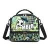 Front view of a black soccer double-layer lunch bag featuring a graffiti soccer graphic on the top and an abstract pattern on the bottom. Versatile insulated lunch box by a Custom Backpack Manufacturer.