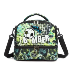 Front view of a black soccer double-layer lunch bag featuring a graffiti soccer graphic on the top and an abstract pattern on the bottom. Versatile insulated lunch box by a Custom Backpack Manufacturer.