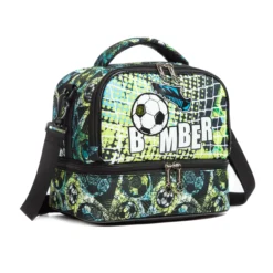 3D angled view of a black soccer double-decker lunch bag highlighting the soccer graphic, zippers, and black side webbing strap attachment. Versatile daily cooler by a leading Backpack Supplier.