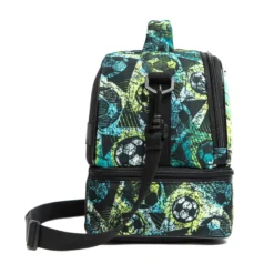 Side view of a black soccer lunch bag showing the deep bottom compartment, black strap swivel clip, and vibrant graffiti pattern. Functional luxury cooler by a Backpack Manufacturer.