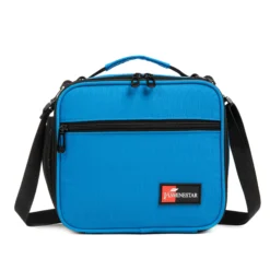 Front view of a vibrant blue heather lunch bag with a large front pocket and dual zipper pulls. Versatile insulated lunch box by a Custom Backpack Manufacturer.