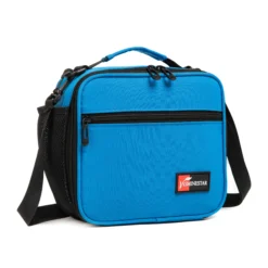 3D angled view of a vibrant blue textured lunch bag showing the black piping and front pocket. Versatile daily cooler by a leading Backpack Supplier.