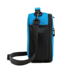 Side view of a bright blue lunch bag showing a large black mesh water bottle pocket and a sturdy strap swivel clip. Functional daily cooler by a Backpack Manufacturer.