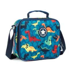Colorful cartoon dinosaur lunch bag with an adjustable navy shoulder strap. Custom kids' lunch bag by a professional Backpack Manufacturer.