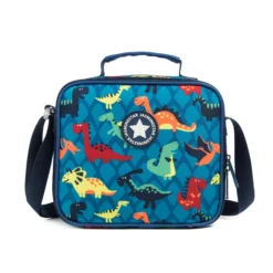 Front view of a cartoon dinosaur lunch bag with a white star logo patch. Preschool lunch box by a Backpack Supplier.