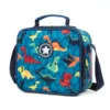 3D angled view of a cartoon dinosaur lunch bag showing zipper details. Durable kids' lunch cooler by a Custom Backpack Manufacturer.