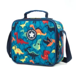 3D angled view of a cartoon dinosaur lunch bag showing zipper details. Durable kids' lunch cooler by a Custom Backpack Manufacturer.