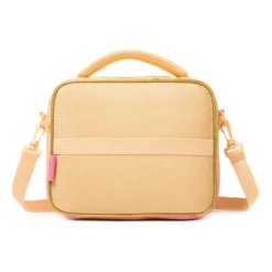 Back view of a pastel peach and pink gradient lunch bag with gold glitter hearts and a horizontal strap detail. Custom luxury insulated lunch bag by a professional Backpack Manufacturer.