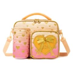 Front view of a pastel peach gradient lunch bag with gold glitter hearts, a 3D peach and gold bow patch, and an attached bottle holder. Versatile insulated lunch box by a Custom Backpack Manufacturer.