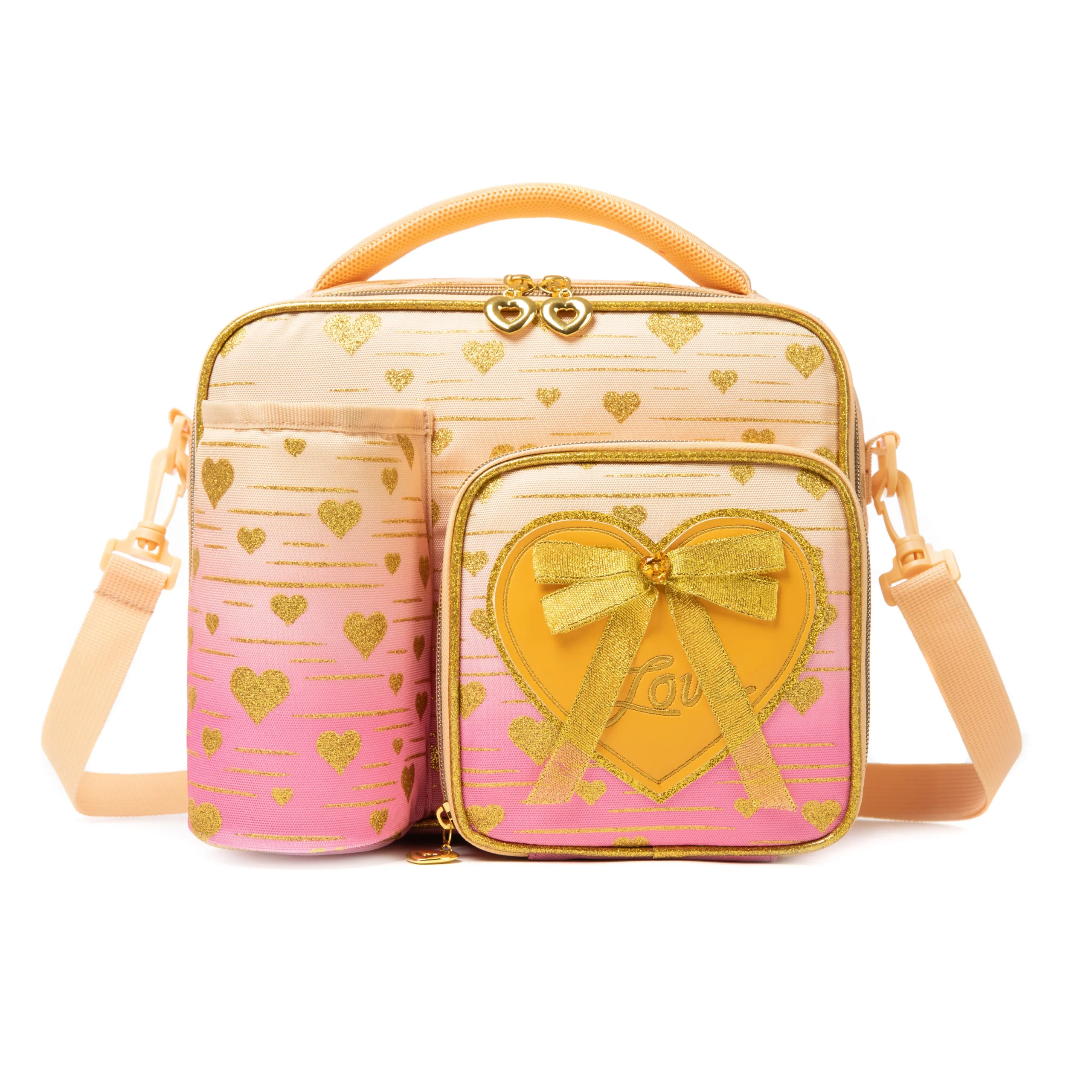 Front view of a pastel peach gradient lunch bag with gold glitter hearts, a 3D peach and gold bow patch, and an attached bottle holder. Versatile insulated lunch box by a Custom Backpack Manufacturer.