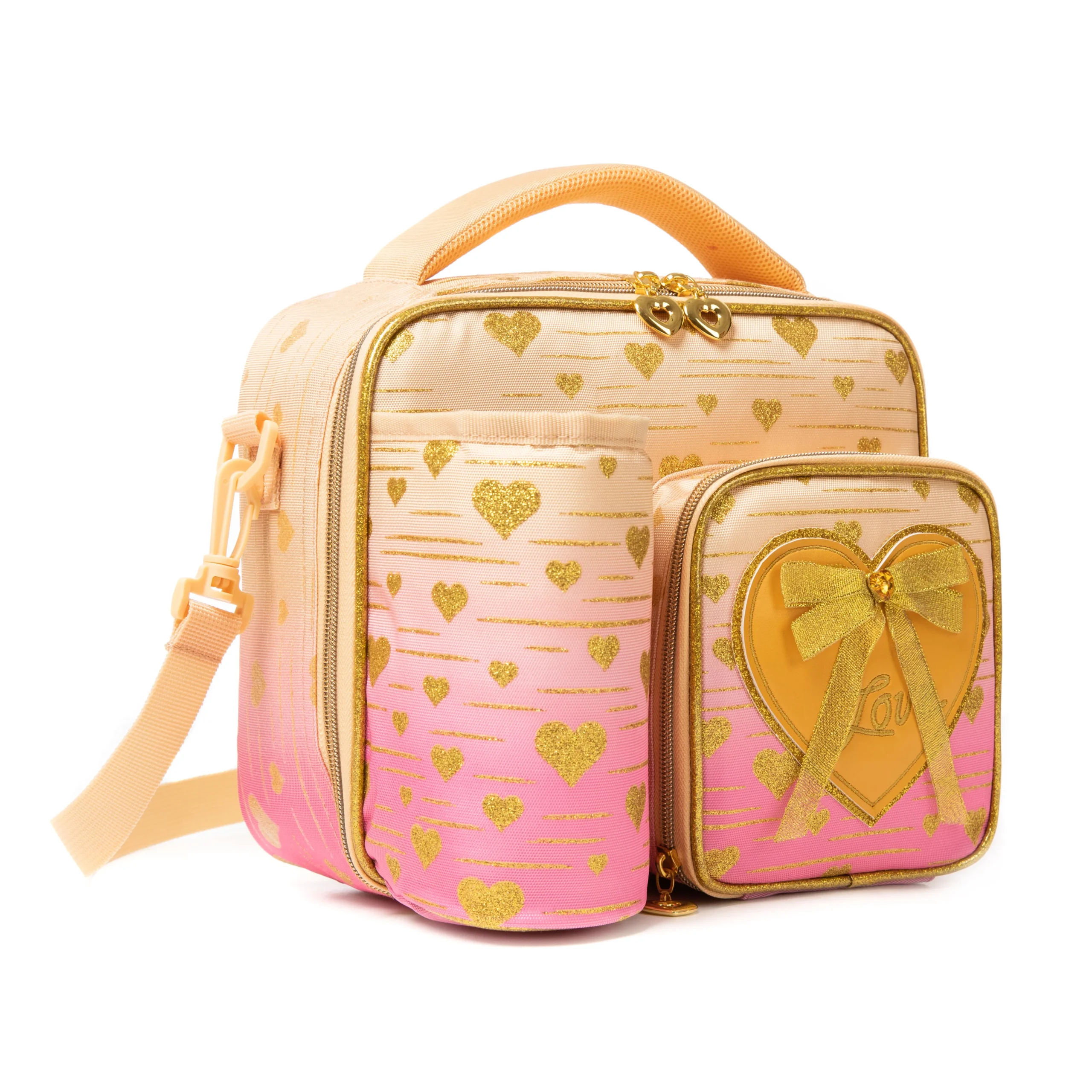 3D angled view of a pastel peach gradient lunch bag highlighting the attached peach sleeve, gold zippers, and the side strap attachment. Versatile daily cooler by a leading Backpack Supplier.