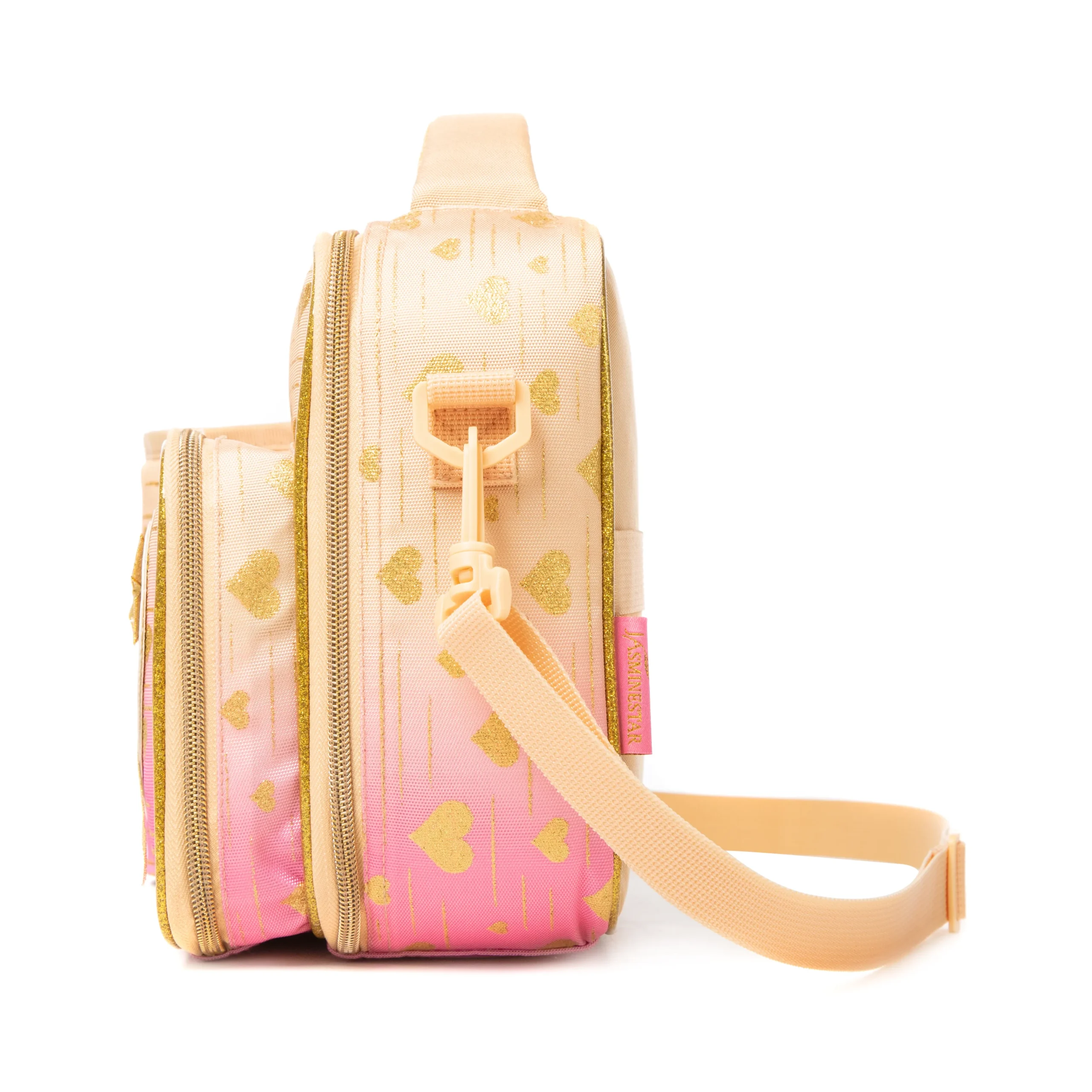 Side view of a pastel peach gradient lunch bag showing the depth of the attached bottle holder and adjustable strap attachment. Functional luxury cooler by a Backpack Manufacturer.