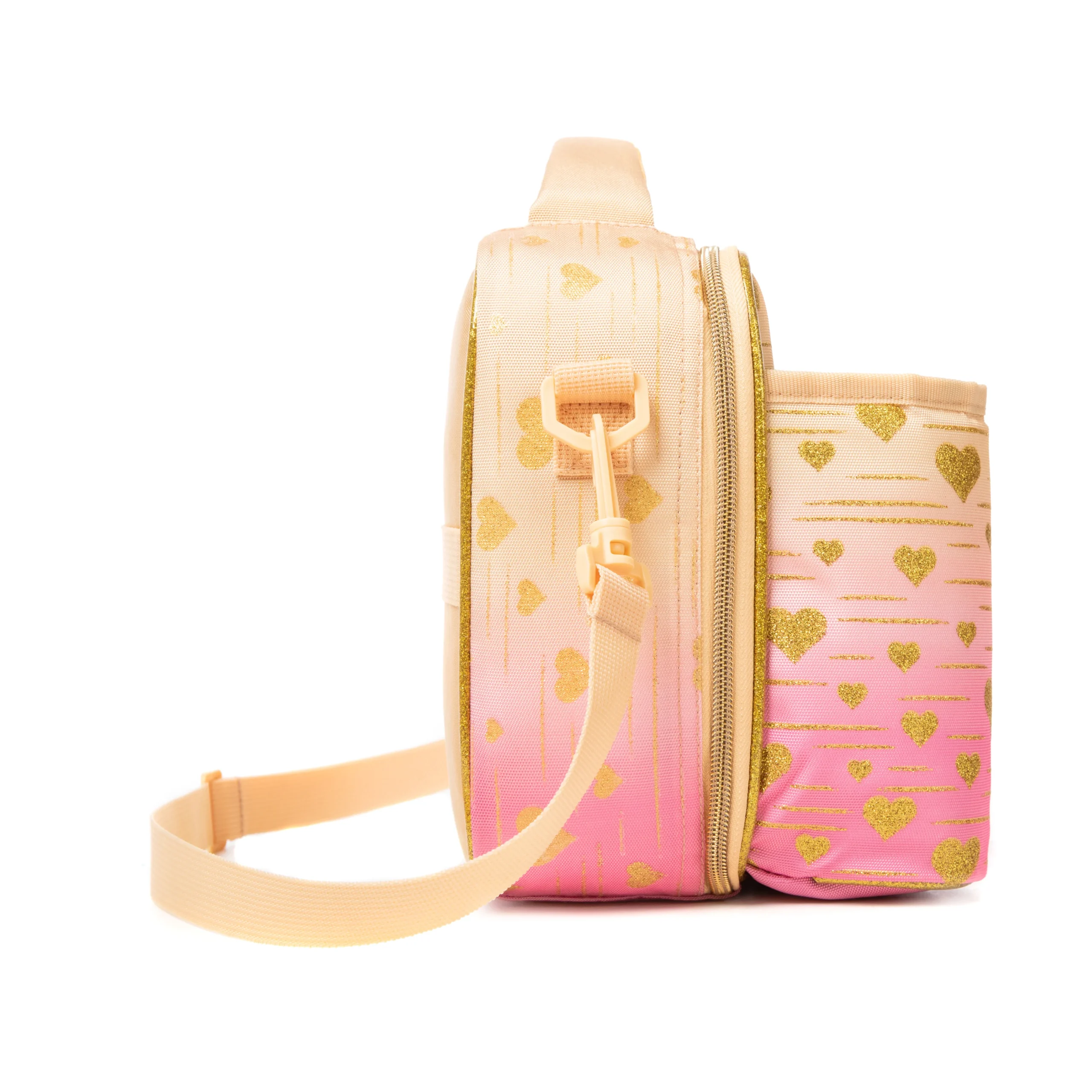 Side profile of a pastel peach gradient lunch bag showing its depth, adjustable peach shoulder strap, and continuous glitter print. High-density fabric bag by a Backpack OEM Supplier.