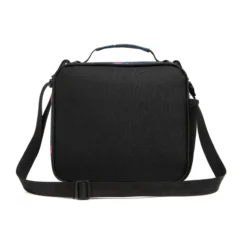 Back view of a dark grey geometric ripstop textured lunch bag with a black adjustable shoulder strap. Custom insulated lunch bag by a professional Backpack Manufacturer.
