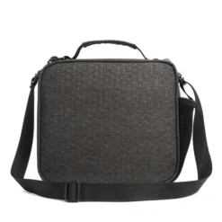 Front view of a dark gray geometric patterned lunch bag with a top handle and shoulder strap. Custom insulated lunch bag by a professional Backpack Manufacturer.