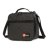 Slanted view of a dark grey ripstop textured lunch bag with a front zipper pocket and a red logo patch. Functional commuter cooler by a Backpack Supplier.