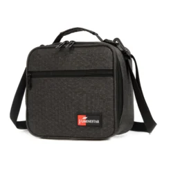 Slanted view of a dark grey ripstop textured lunch bag with a front zipper pocket and a red logo patch. Functional commuter cooler by a Backpack Supplier.