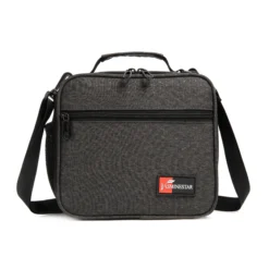 Front view of a gray minimalist lunch bag with a top grab handle and an adjustable black shoulder strap. Versatile cooler bag by a Custom Backpack Manufacturer.