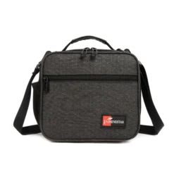 Front view of a dark grey ripstop lunch bag with a large front pocket and dual zipper pulls. Versatile insulated lunch box by a Custom Backpack Manufacturer.