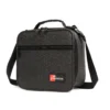 Angled view of a gray geometric lunch bag showing its extended adjustable shoulder strap. Long strap shoulder cooler by a leading Backpack Supplier.
